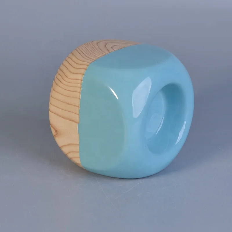 Irregular shape glaze custom ceramic candle jar votive candle holders with wooden bottom home decorative