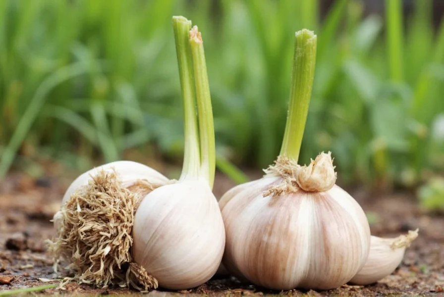 Healthy garlic cloves separated for planting with soil and gardening tools
