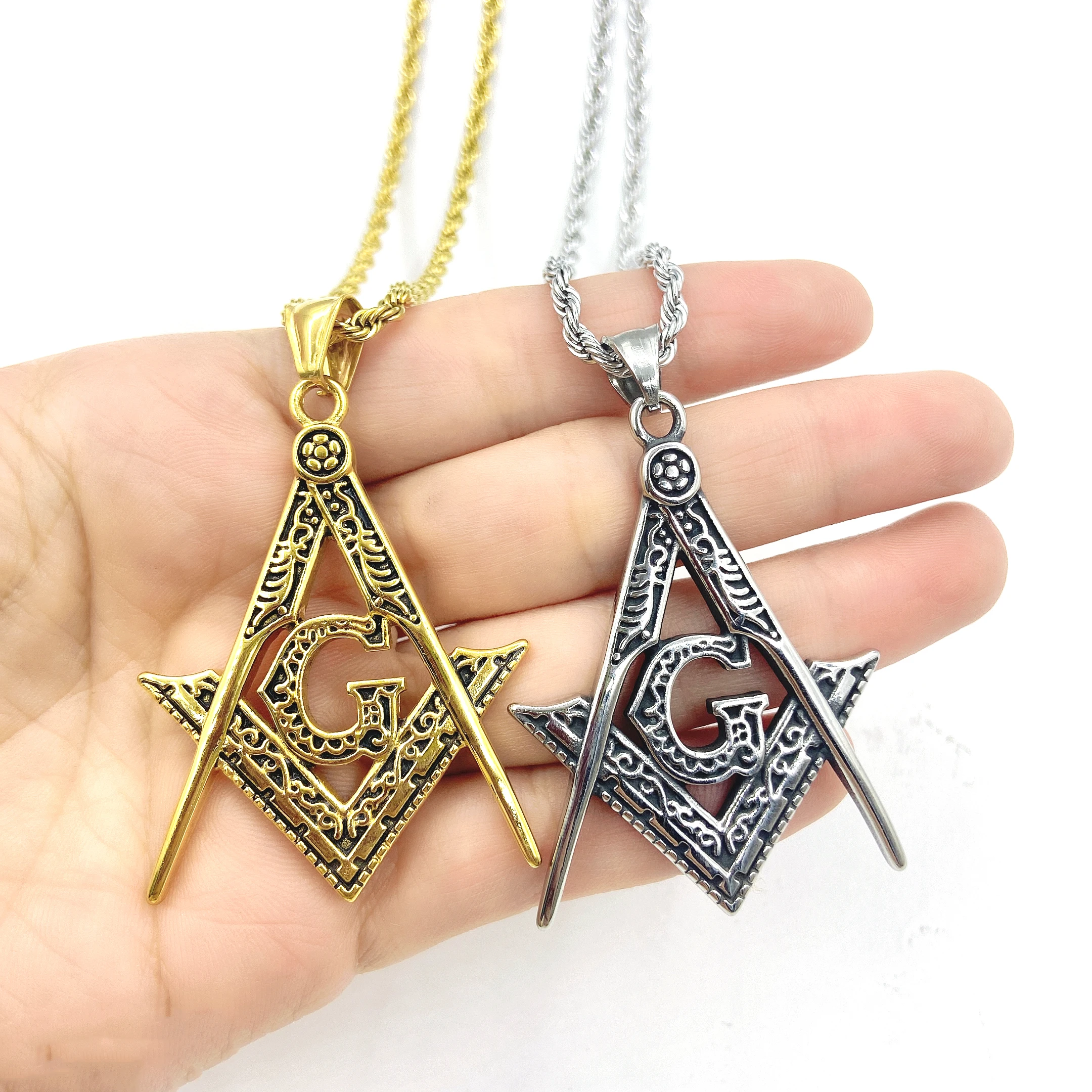 

Women Men Jewelry Stainless Steel Casting Gold Hollow Believer AG Carved Masonic Pendant Necklace