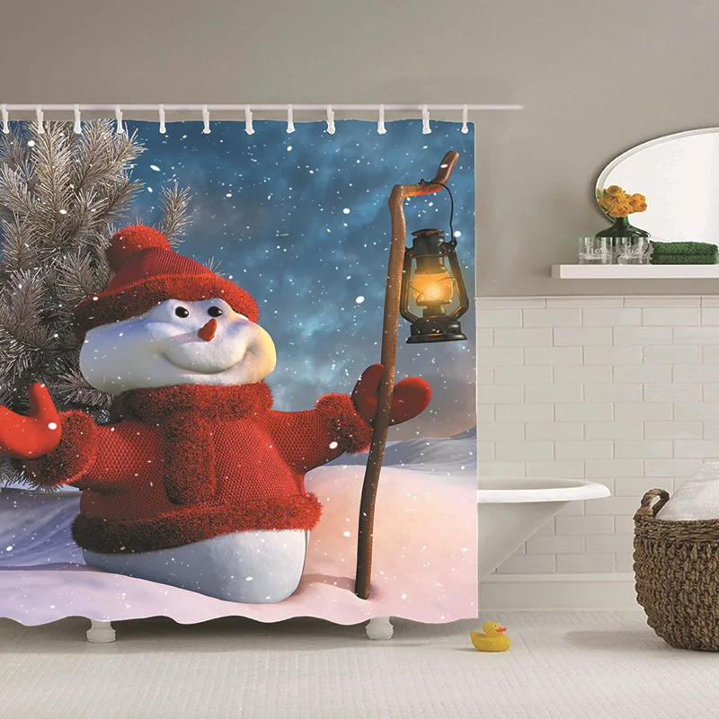 

H107 Home Xmas Bathroom Waterproof Polyester Fabric Shower Curtains Christmas Snowman Santa Claus Pattern Shower Curtain, Multi