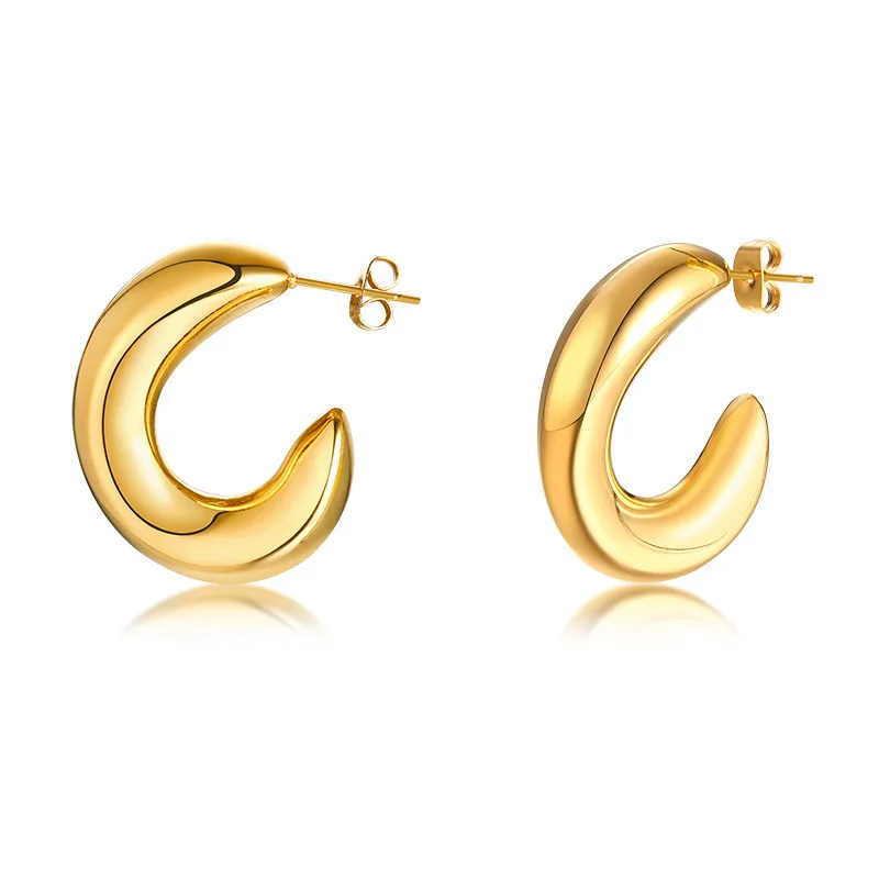 

European and American mature smooth curved stainless steel C-shaped titanium steel earrings jewelry, As pictures