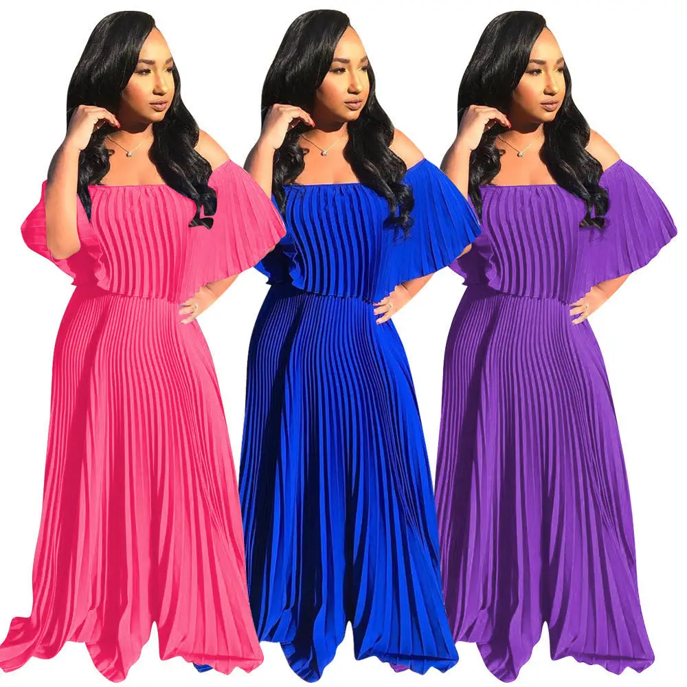 

2020 women high quality off shoulder floor length pleated maxi dress, Purple blue red or customized