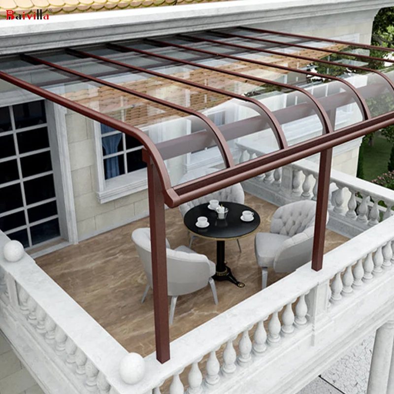 

Outdoor waterproof slant roof patio cover aluminum polycarbonate canopy pool slopes away from the house., Customized color