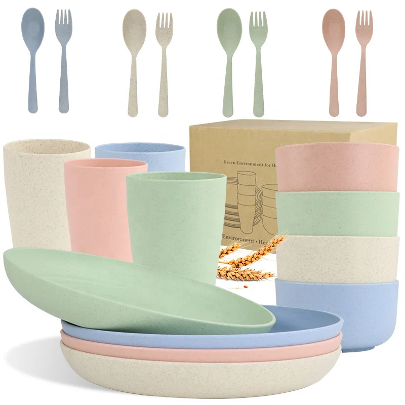 

2021 China factory Wholesale 10pcs Wheat Straw Bowl Plate and Cutlery Dinnerware Set, Blue, green, red, gray
