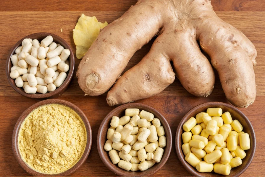 Various forms of ginger including fresh root, powder, tea, and capsules arranged on wooden surface
