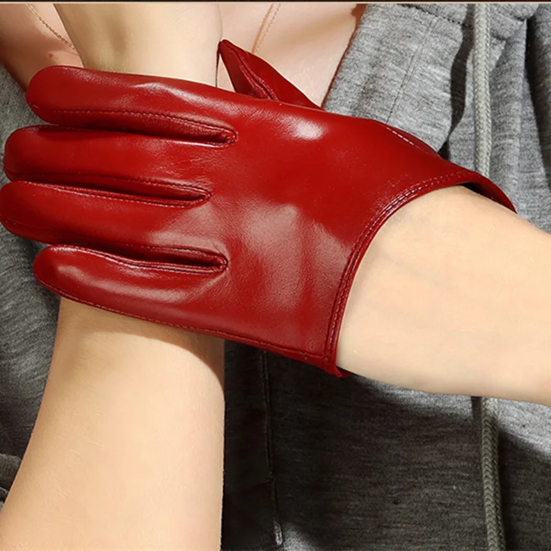 
Hot sales black red half palm women touch screen gloves genuine sheepskin fur leather mitten 