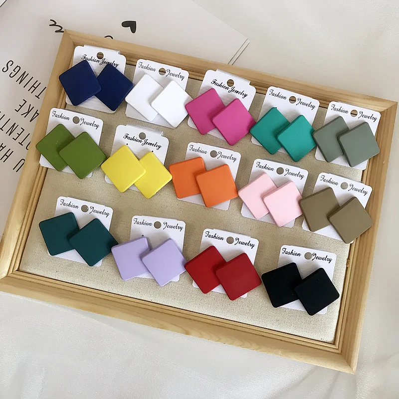 

Korean style geometric square color stud earrings 925 silver needle