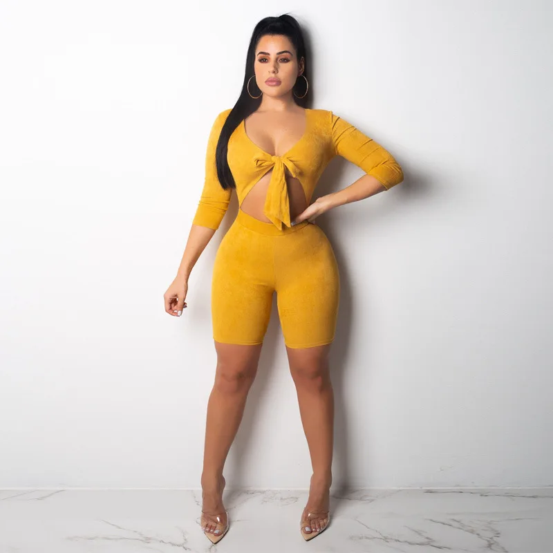 

Yellow long sleeve bow high wait jumpsuit Open umbilical sexy strtchy jumpsuit 2021summer women new fashion jumpsuit