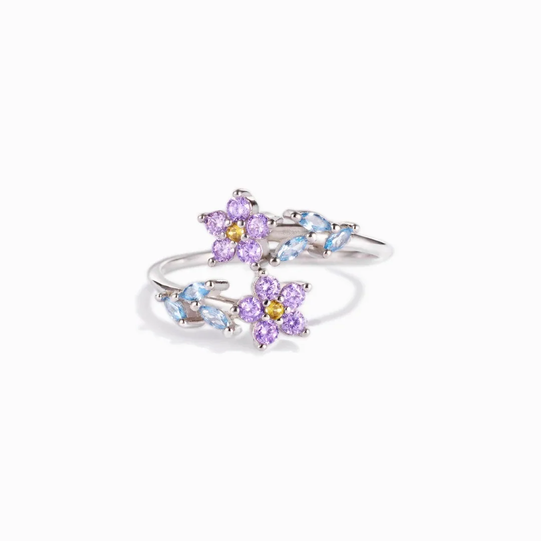 

French Luxury Fine Jewelry 925 Sterling Silver Finger Rings Engagement Purple Zircon Flower Ring For Girls