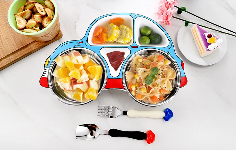 New Product 2021 Kitchen Accessories 3 Pcs Stainless Steel Baby Feeding Plate Spoon Fork Children Tableware Set Dinnerware Sets