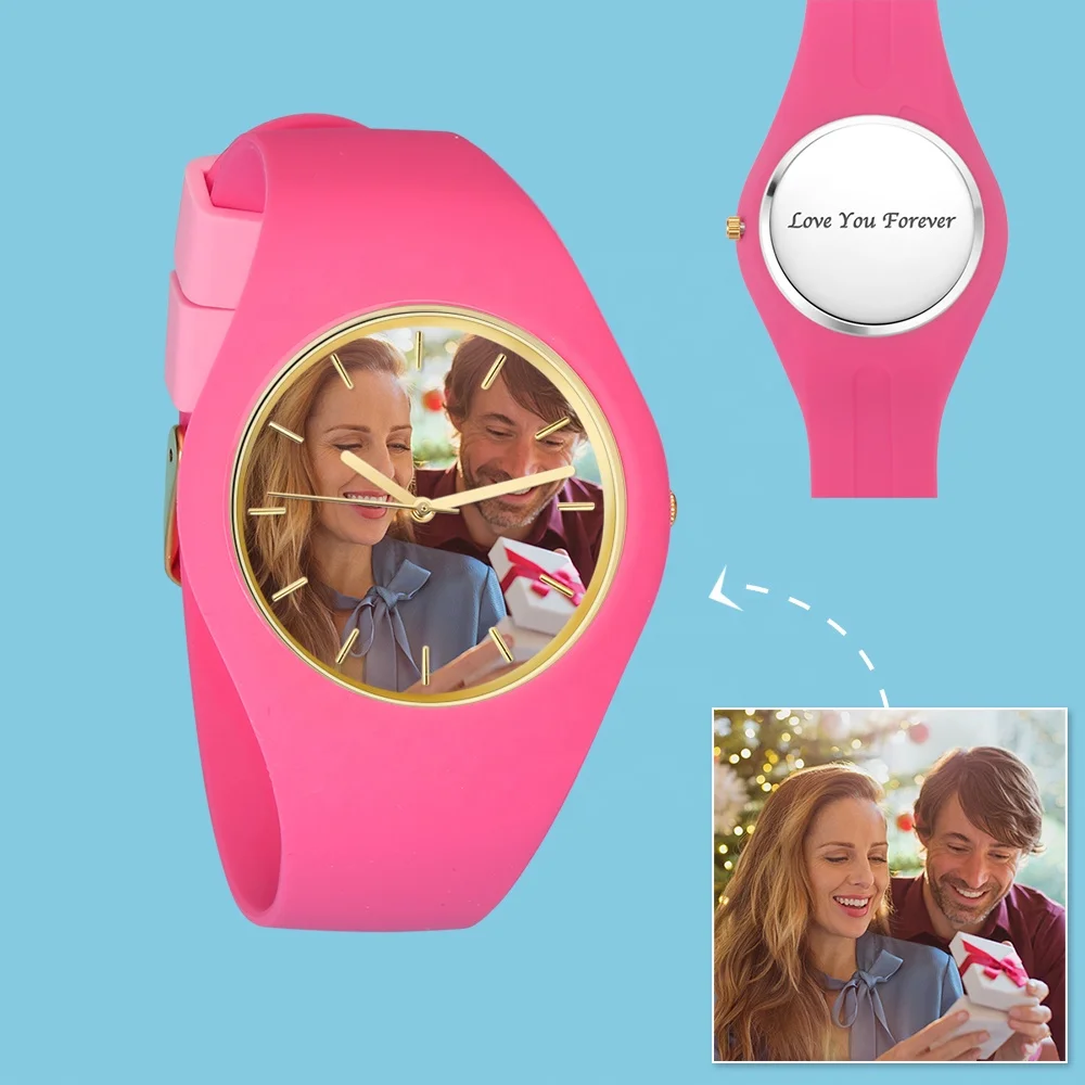 

41mm Custom Engraved Photo Silicone Wristbands Girls Watch Pink Silicone Bands Watches