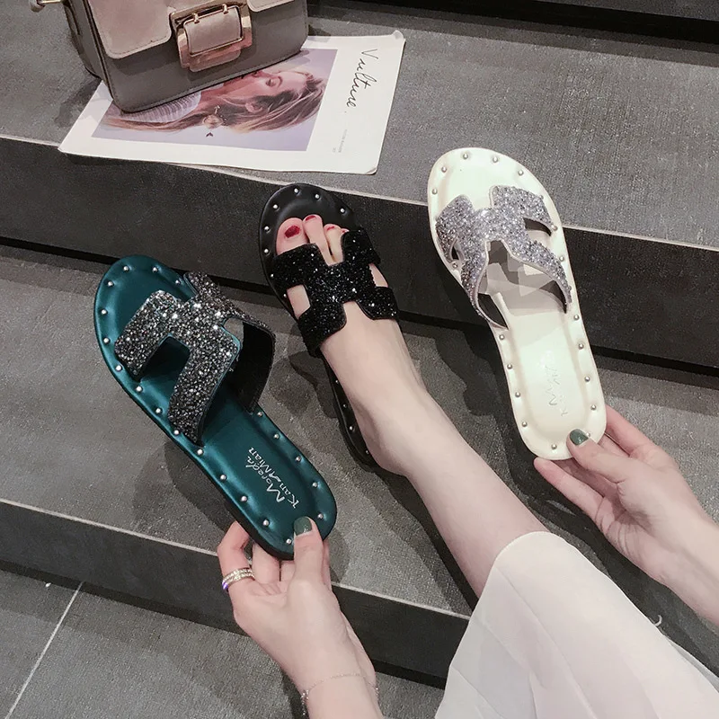 

2021 Ladies Summer Rhinestone Sandals and Slippers PU Rivet Rubber Flat Shoes Women, 3 colors