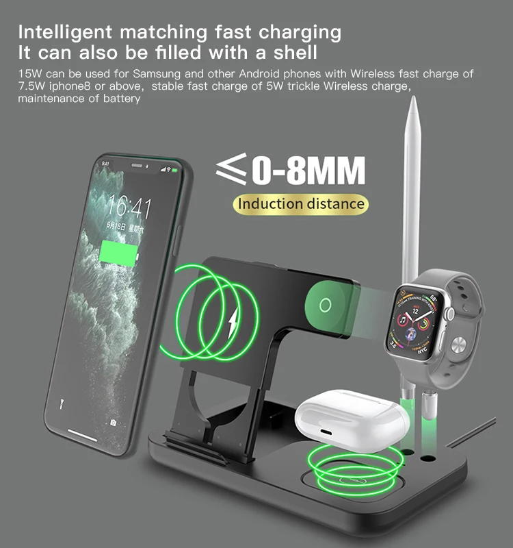 Foldable Portable 15W 4 In 1 Charging Station Pad Dock Desktop Stand Charger Wireless