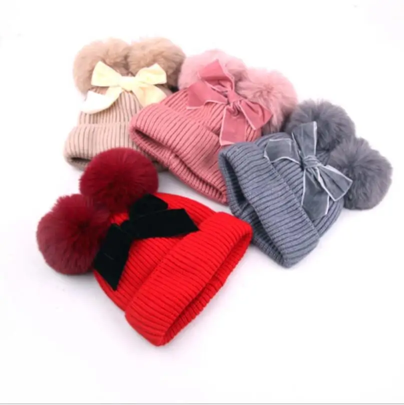 

Warm Stretchy Hat Children Woolen Knitt Children Bow Wool Woven Crochet Pom Pom Beanies Hat Knitted Hats, 3 colors to choose