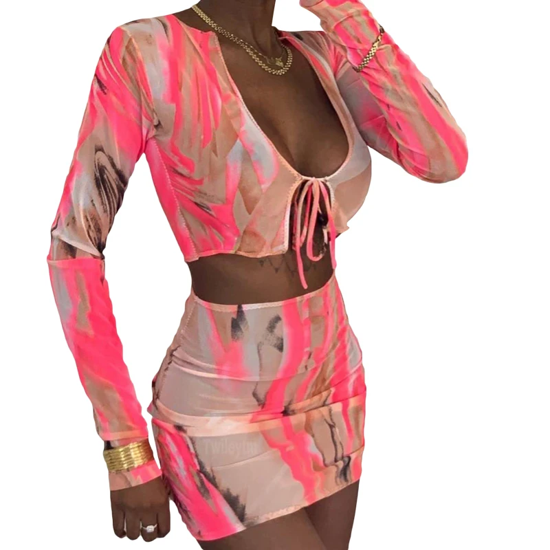 

ST0197 2021 Ready To Ship Summer Outfits Mesh Tranparent Sexy Women Crop Top And Skirt Two Piece Set, Multi colors