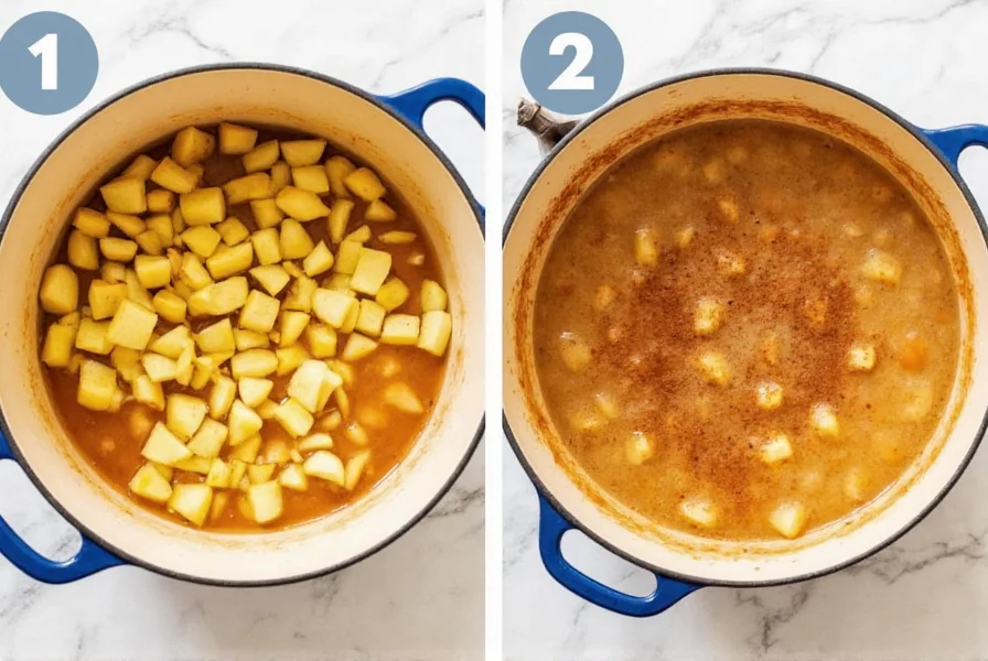 Step-by-step cinnamon applesauce cooking process showing chopped apples simmering in a saucepan with cinnamon