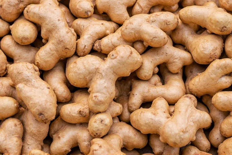 Close-up of fresh ginger rhizomes with peeled section showing fibrous texture and pale yellow flesh
