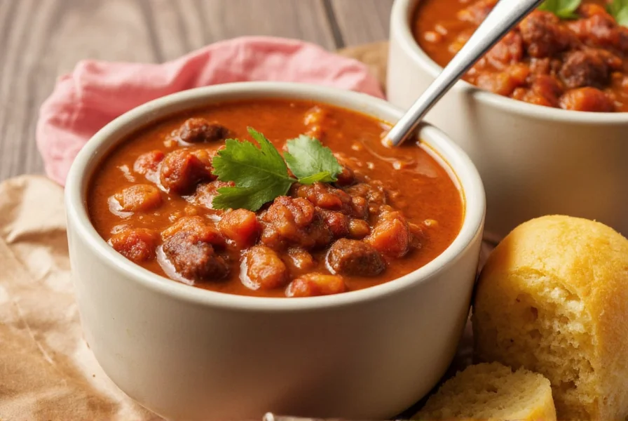 Panera turkey chili in bowl with cilantro garnish and cornbread side