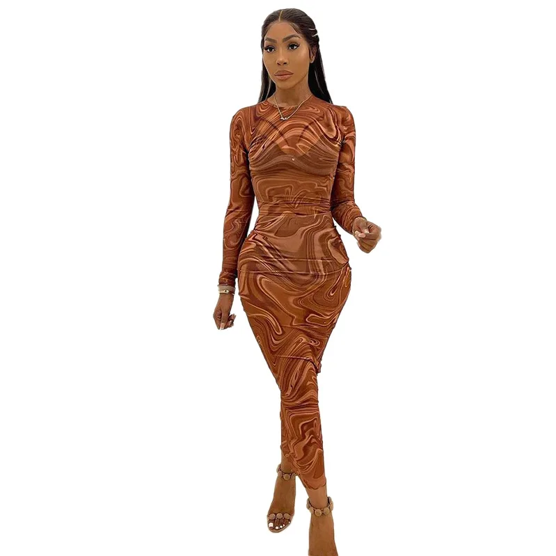 

SZMH-W21DS414 Autumn New Women's Printed Round Neck Long Sleeve Net Yarn See-through Slim Long Dress, 2 colors