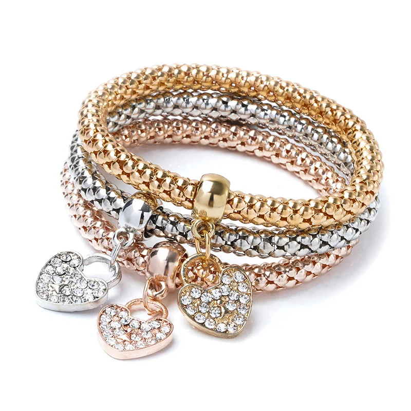 

3PCS Gold/Silver/Rose Gold Corn Chain Bracelet Tree of Life Heart Shaped Stretch Bracelet Crystal Multilayer Bracelets for Women, Picture shows