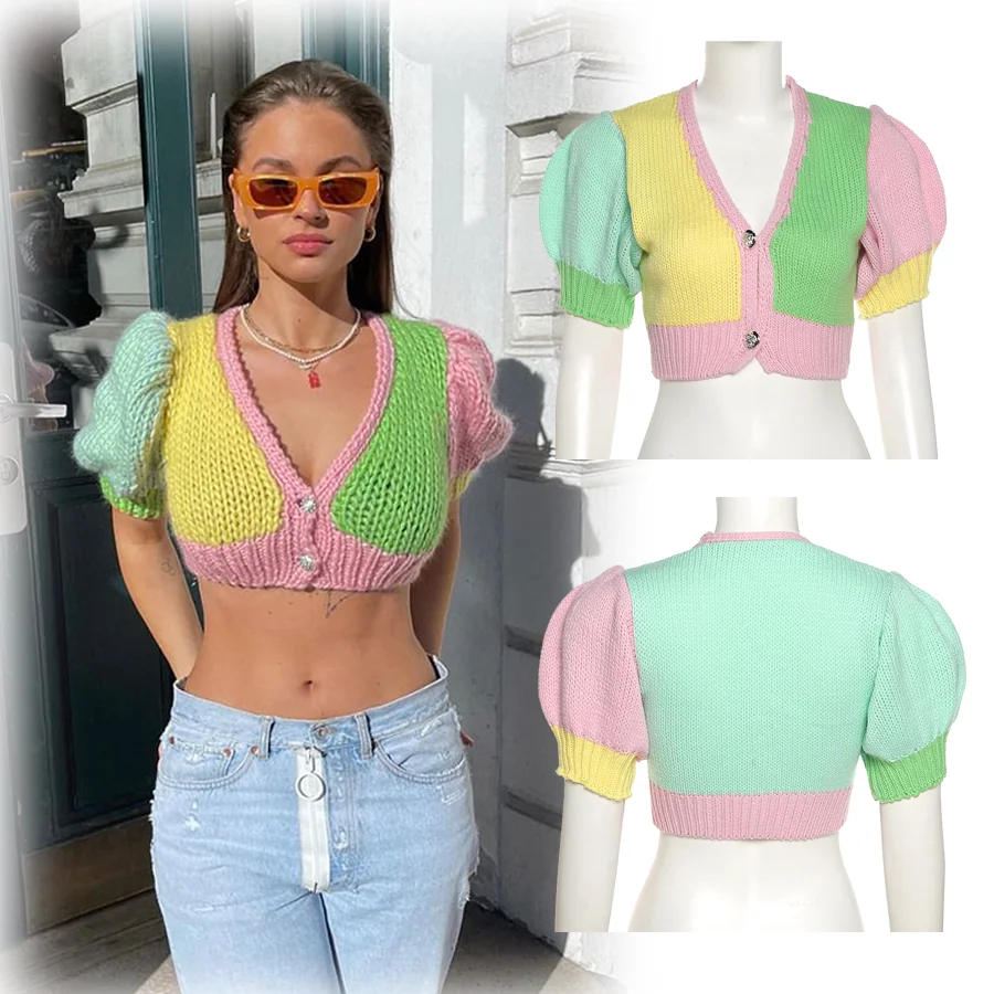 

INS Hot Sale Women's Short Sleeve Casual Contrast Cropped Sweater T-shirt Sexy V-neck Cardigan Knitwear Autumn 2021 Clothing, Candy color