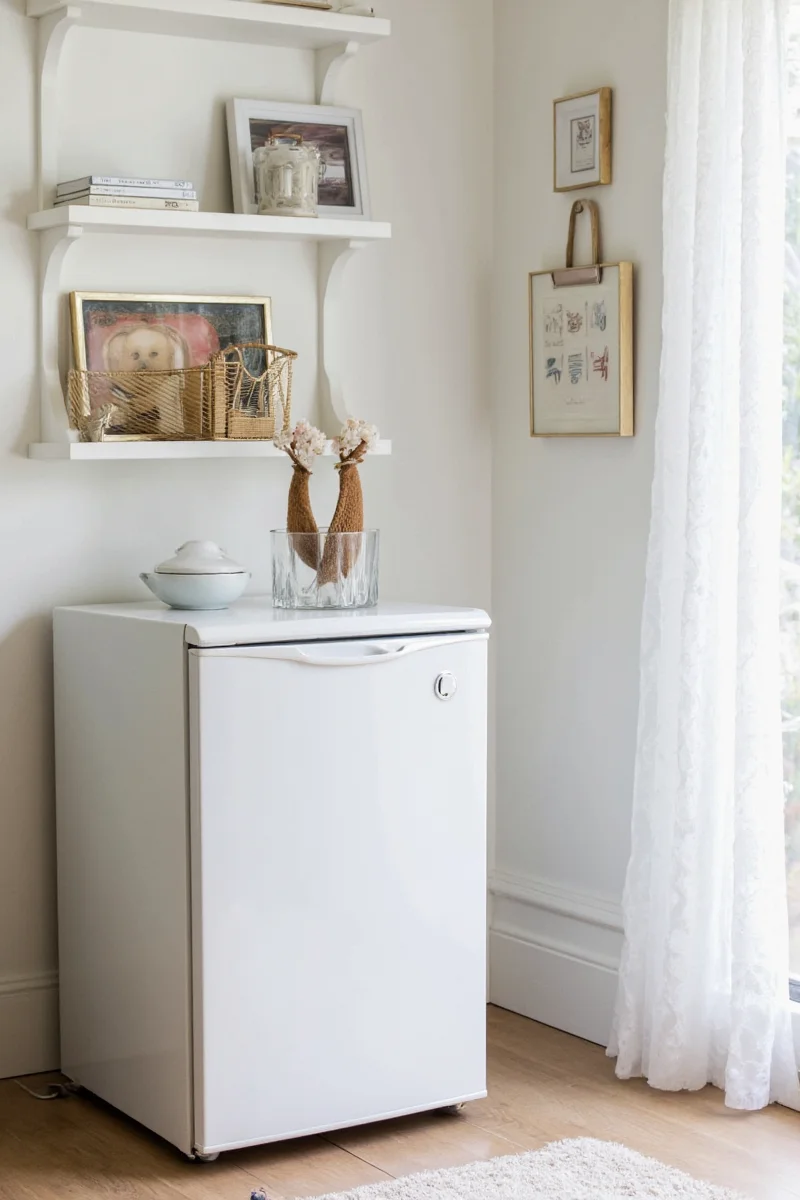 Mini fridge in a colorful playroom corner with toy baskets nearby