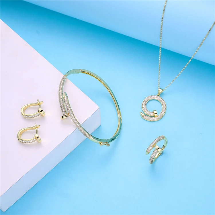 

2021Mar New Simple Arrival Fashion Color Matching Gold Plated Elegant Necklace Earrings Bracelet Ring Jewelry Set, Picture shows