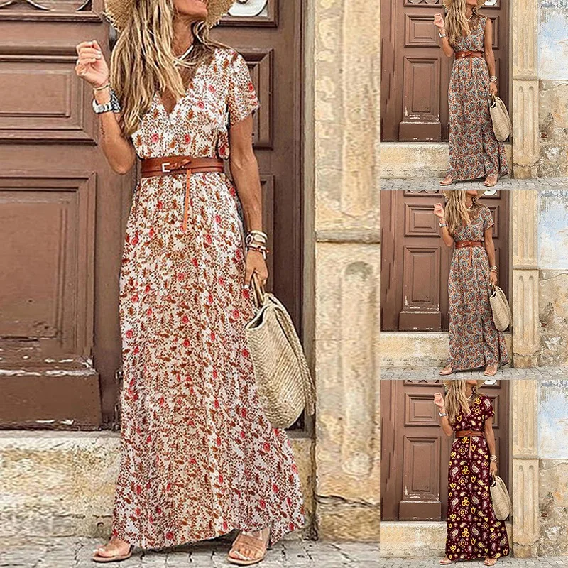 

2021 Womens Long Dress Summer V-neck Boho Belted Maxi Dress Casual Sexy Party Dress Ladies Bohemian Beach Holiday Sundress