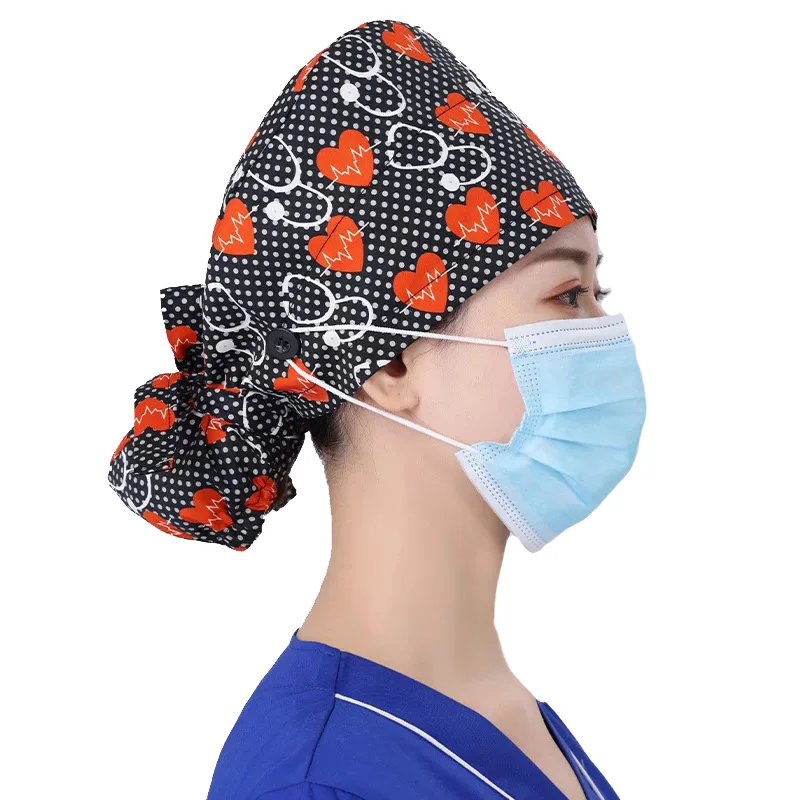 

Surgical Pattern Nurse Scrub Caps With Buttons 100% Cotton Ponytail Cap, Solid dyed&printed
