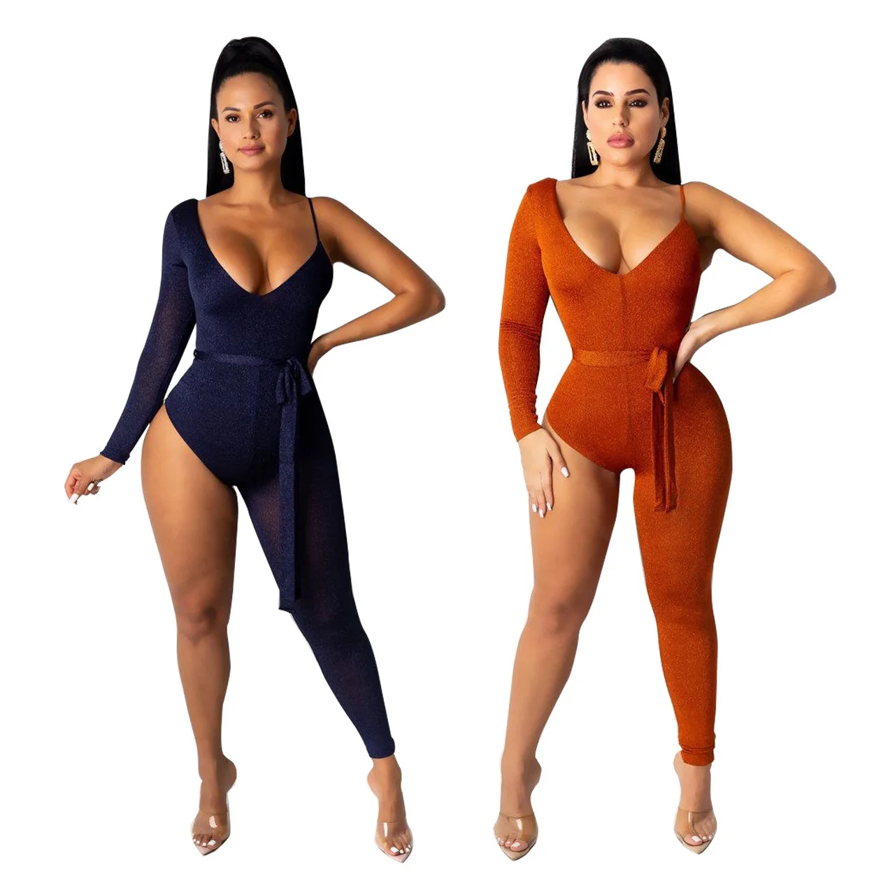 

Latest design one shoulder V neck Asymmetrical tight sexy jumpsuit for women clothing Long Sleeve Clubwear Crotchless Bodysuit