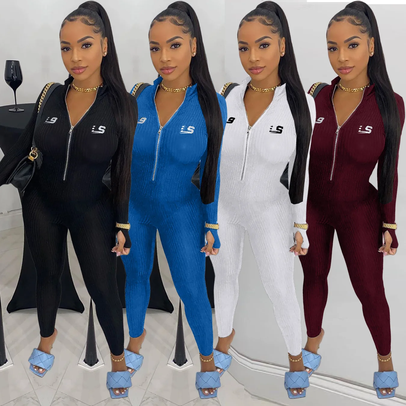

CL-134 Casual Clothing Hoodie Fitness 2021 Jumpsuit Zipper Embroidery Long Sleeve Women Black Jumpsuit, As picture show
