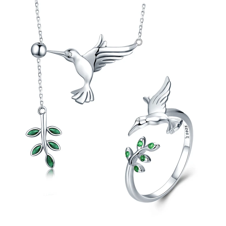 

Jewelry Sets Bird & Spring Tree Leaves Open Size Finger Rings Dangle Pendant Necklace 925 Sterling Silver Sets birthday gifts