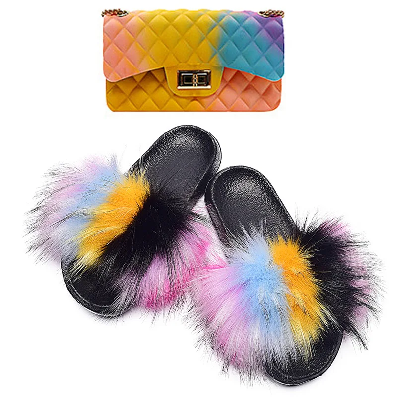 

Hot Sale Women Indoor Outdoor Fashion Fanny Pack Purse Fur Slippers Set Bag, Customized color