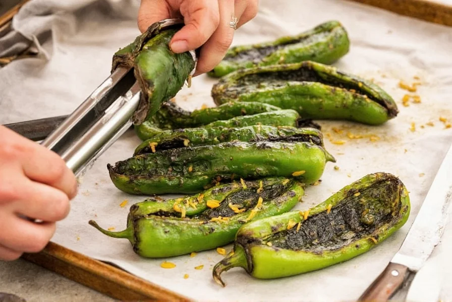 Roasted poblano peppers being peeled with kitchen tongs on baking sheet