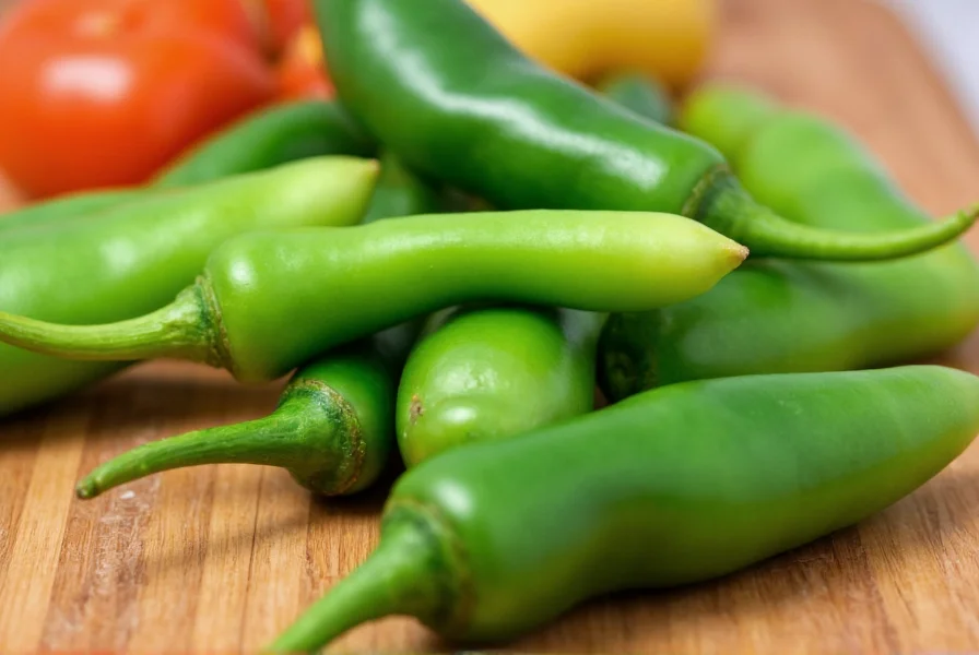 Close-up view of fresh green jalapeno peppers on a wooden cutting board showing different stages of ripeness from green to red