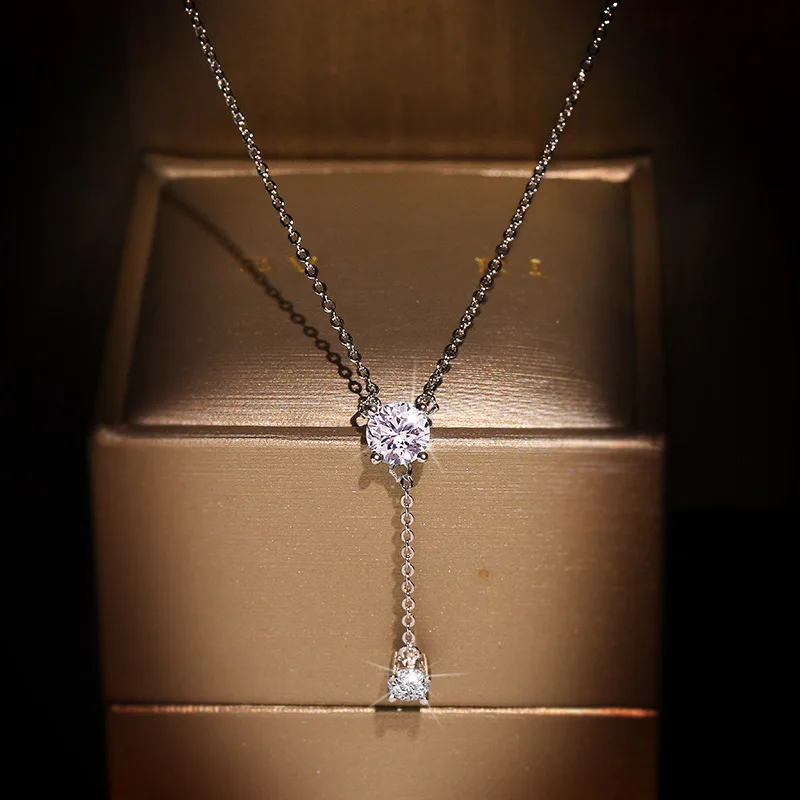 

Manufacturer direct sale Minimalist daily KYNL0108 CZ Necklaces Platinum Plated Shine 3A Zircon Y Shape Necklaces for women, Silver