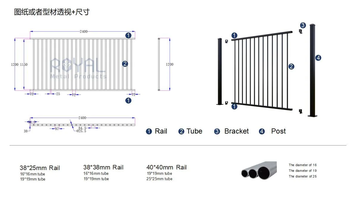 Picket Fence technical drawing — 2400x1200mm, 38x25mm rail, 72mm tube spacing, component breakdown