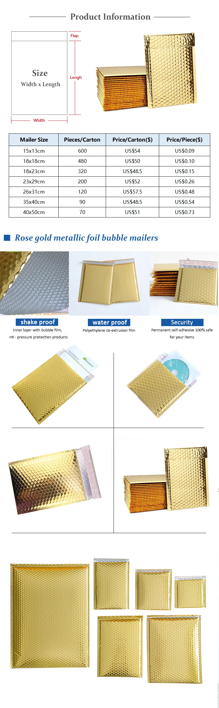 Factory Direct me<em></em>tallic Foil Gold Bubble Mailers Plastic Poly Courier Envelopes Shipping Package Golden Mailing Bags