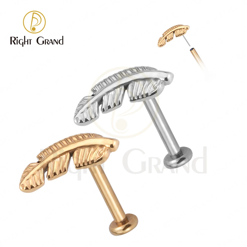 

G23 Titanio Feather Threadless Push Pin Labret Tragus Cartilage Lip Gold Stud Titanium Labret Piercing