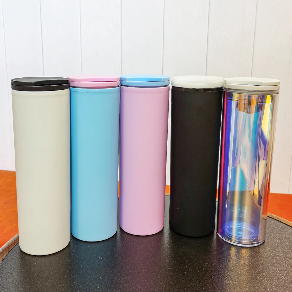 

Double Wall Plastic Gloss Glitter 17oz Straight Coffee Mug Cup Plastic Skinny Tumbler with Direct Drinking Lid