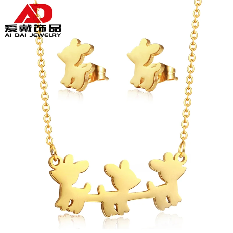 

Simple and fashionable puppy titanium steel pendant earring necklace creative cute set gold-plated children's earring necklace f