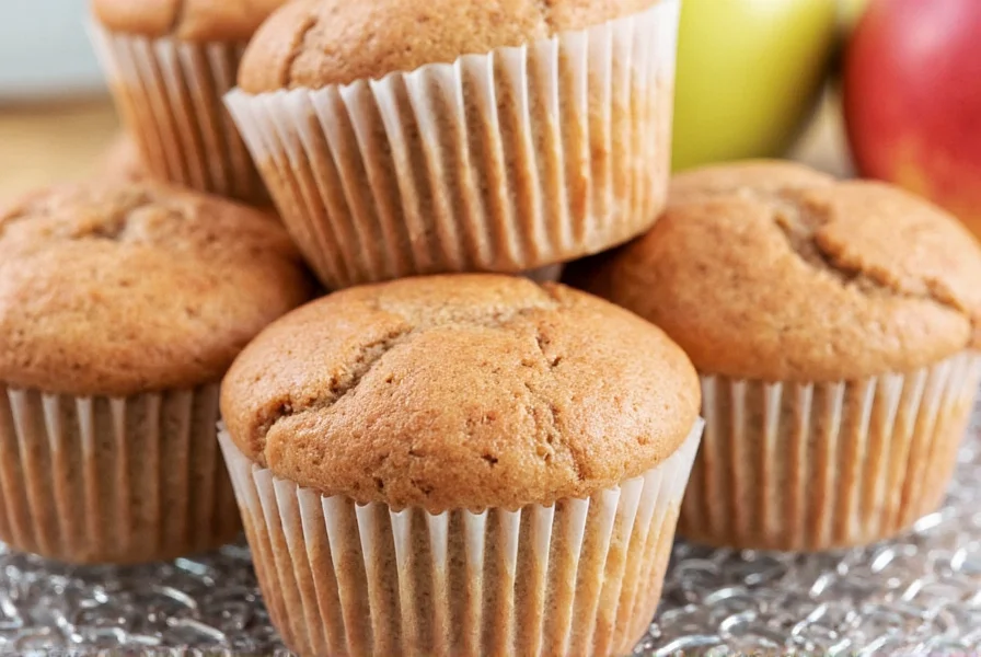 Freshly baked cinnamon apple muffins with golden tops and visible apple chunks on white plate