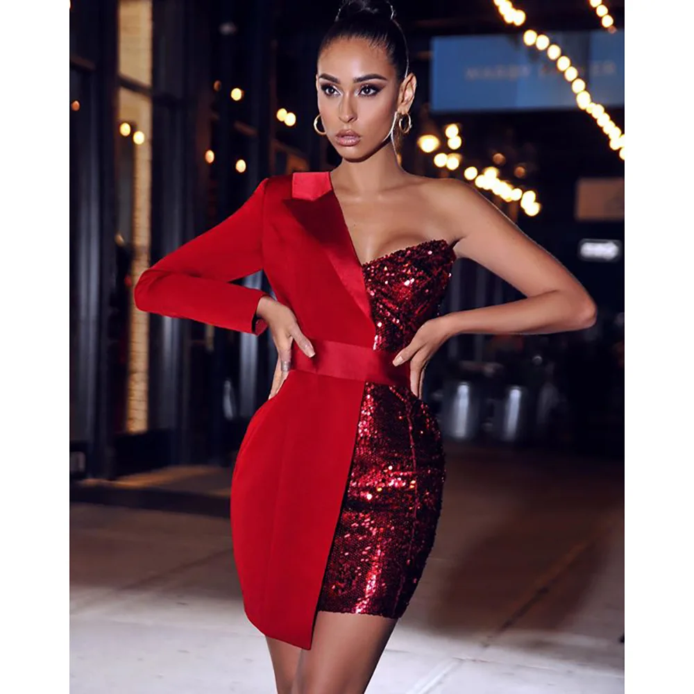 

European American Women's Long Sleeve One Shoulder Patchwork Sequin mini Club Dress, Black,red/customized