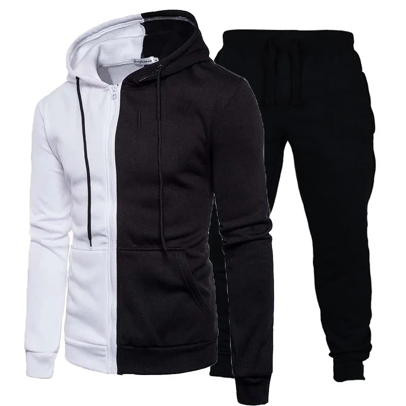 

Stylish Large Size Fashion Stitching Long Sleeved Sports Suit Men Casual Wear Hoodie Athleisure Leggings Sports Suit, As picture