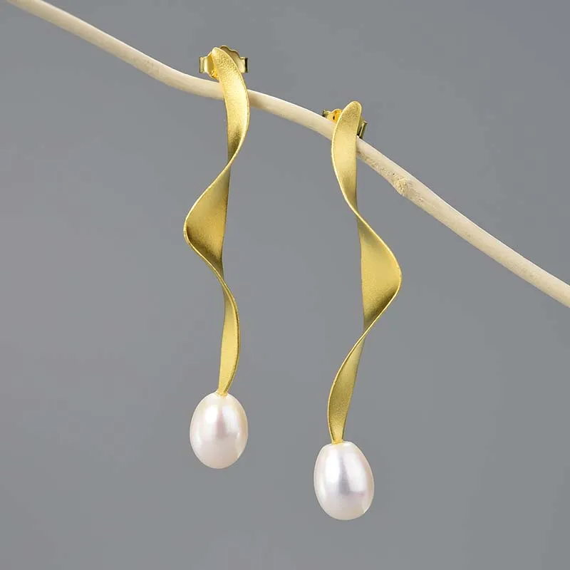 

New Pure 925 Sterling Silver twisted earrings gold plated Pearl Jewelry