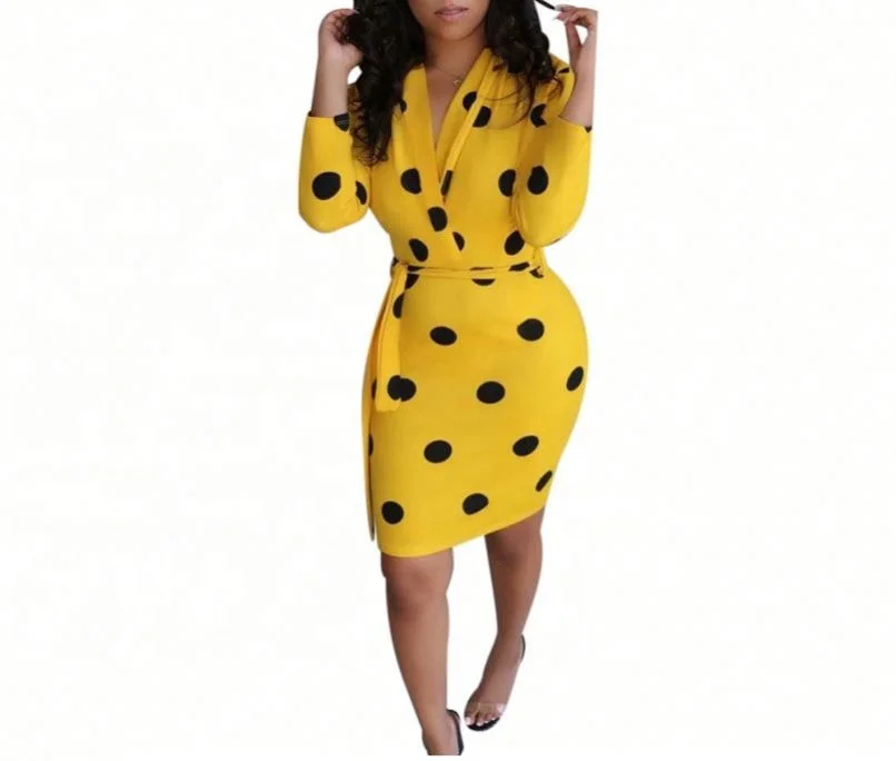 

Sexy women fashionable long sleeve deep V neck polka dot dress