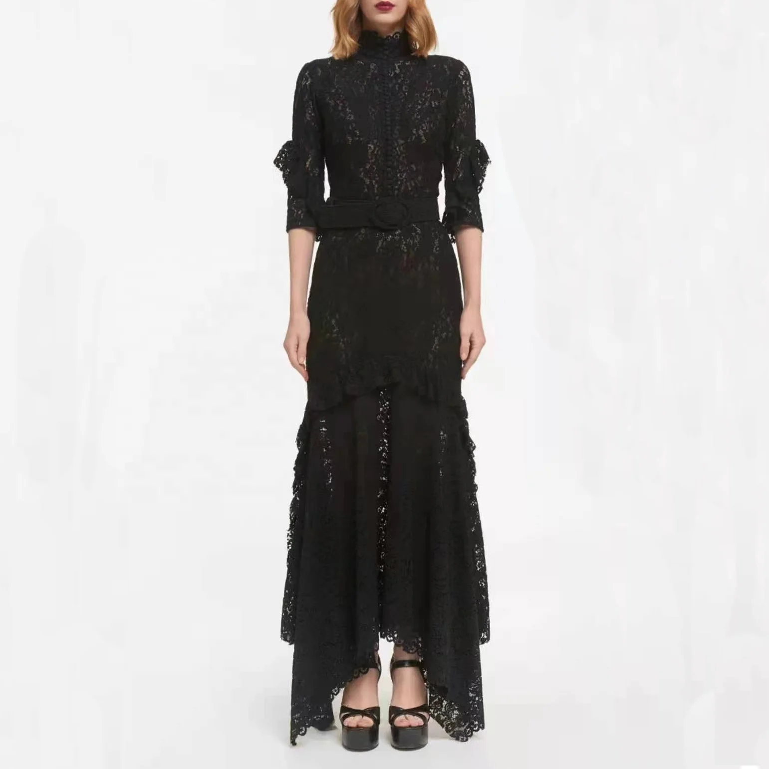 

Vestido Fast shipping Womens Clubbing Dresses Sexy Long Sleeve Round Neck Lace Evening Grown Dress
