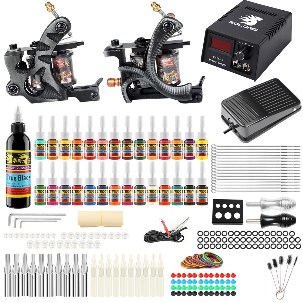 

Solong Tattoo Complete 2 Coil Tattoo Machine Kit For Liner Shader Power Supply Foot Pedal Grip Ink Set Permanent Make up TK224