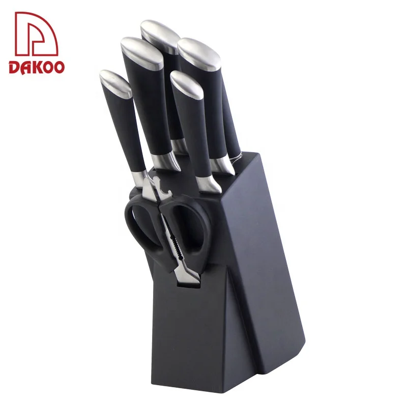 

Hot Sale TPR Coated Handle 7 Pcs chef knife Stainless Steel Kitchen Knife set with wooden block, Black