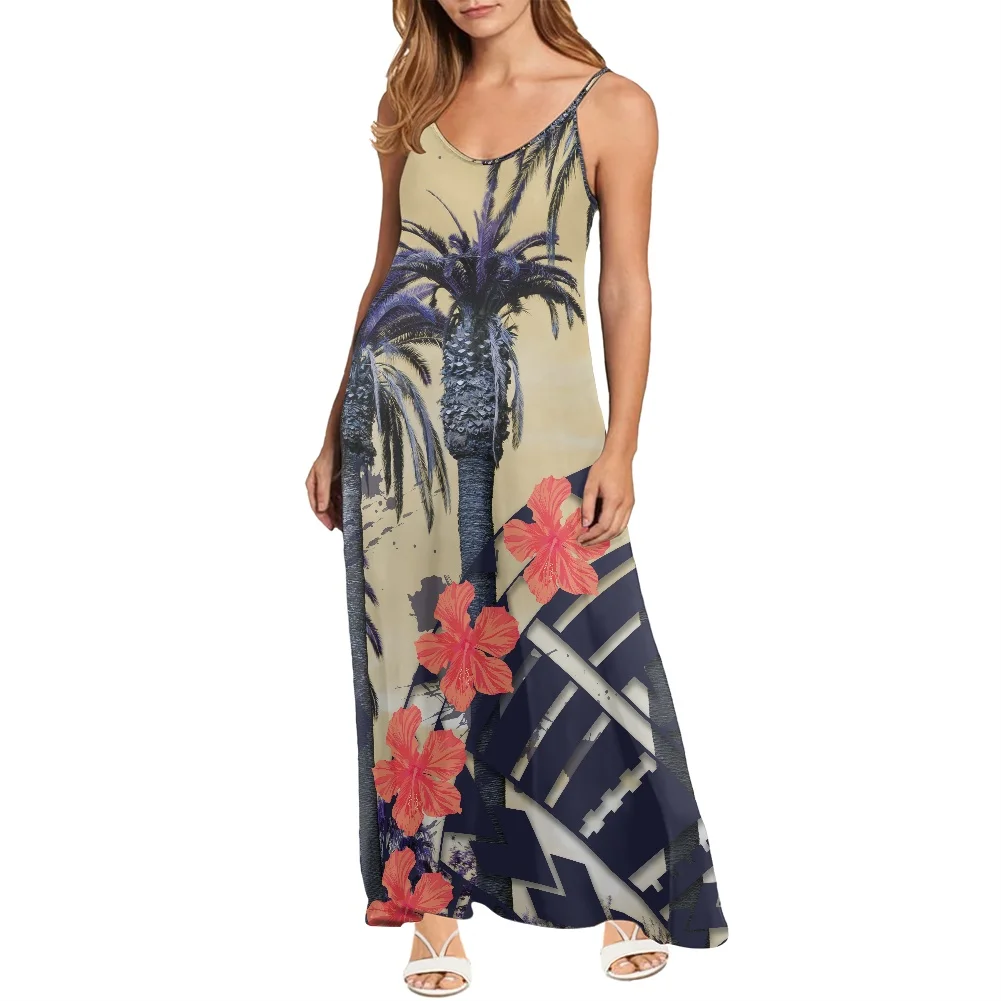 

Maxi Dress Ladies Summer Casual V Neck Spaghetti Straps Hawaiian Tribal Hibiscus Flower Pattern Sexy Sling Dresses Robe Femme, Customized color